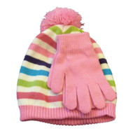 Berkshire Girls Pink & White Striped Beanie Pom Pom Hat & Gloves Set