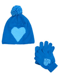 Faded Glory Girls Blue Knitted Heart Hat & Gloves Beanie Stocking Cap Newsboys