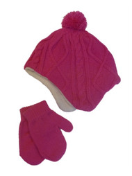 Infant Girls Pink Cable Knit Baby Beanie & Mittens Trapper Hat