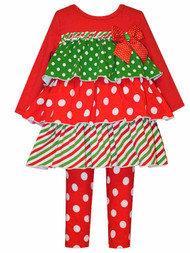 Bonnie Jean Girls Red & Green Holiday Ruffled Shirt & Leggings 2 PC Outfit