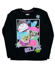 Girl Selfie Black Snowman Bear Holiday T-Shirt Christmas Kitty Tee