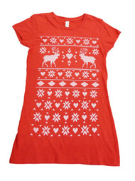 Alstyle Womens Red Reindeer Heart Snowflake Fitted Short Sleeve T-Shirt