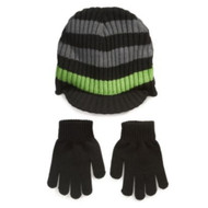 Berkshire Boys Black & Green Stripe Newsboy Hat Beanie & Tech Gloves Set