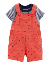Carter's Infant Boys 2 Piece Blue Striped T-Shirt & Red Shortall Car Overall