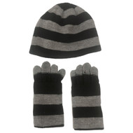 Faded Glory Girls Silver & Black Stripes Metallic Hat & Gloves Beanie Set