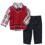 George Infant Boys 3P Holiday Outfit Red Sweater Vest Shirt & Navy Pants