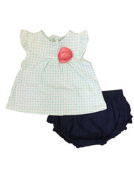 Infant Girls Baby Outfit White & Green Flower Shirt & Denim Bloomers Set