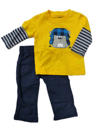 Carters Infant Boys 2 Piece Outfit Mock Layered Bulldog Yellow T-Shirt Pants