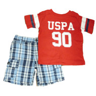 Polo USPA 90 Infant Toddler Boys 2 Piece Red T-Shirt Blue Plaid Shorts Set