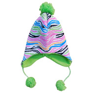 Yak Pak Girls Colorful Zebra Print Winter Peruvian Trapper Hat With Pom-Poms