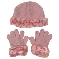 Faded Glory Girls Pink Knit Leopard Print Hat & Gloves Beanie Set