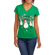 Holiday Time Womens Plus Green Let It Snow Snowman Christmas Holiday T-Shirt