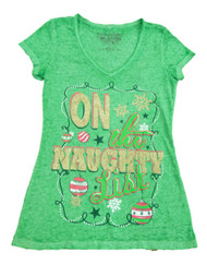 Rocker Girl Women Green On Naughty List Christmas Fitted Short Sleeve Shirt