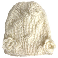 ABG Girls Off White Cable Knit Beanie Winter Stocking Hat With Crochet Flowers