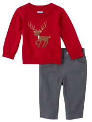 Childrens Place Infant Boys Outfit Red Deer Sweater & Gray Pants Set