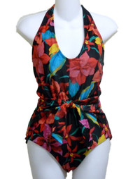 Tropical Escape Womens Black & Red Hawaiin Flower Halter 1 Piece Swimsuit