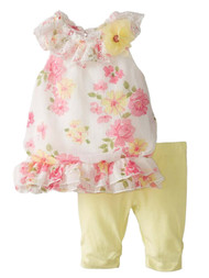 Nannette Infant Girl Floral Print Chiffon Top Yellow Leggings Outfit Set