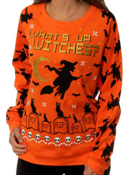 Junior Womens Orange Whats Up Witches Halloween Sweatshirt Bat & Cat Top