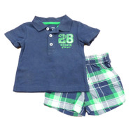 Carters Infant Boys Blue 28 Rookie Polo Shirt & Blue Green Plaid Shorts Set