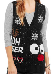 No Boundaries Junior Women Black Oh Deer Jingle Bells Holiday Sweater Vest