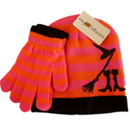 Girls Pink Orange Stripes Witch Beanie Gloves Hat set