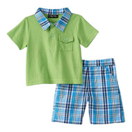 Only Kids Infant Boys 2 Piece Green Polo T-Shirt & Blue Plaid Shorts