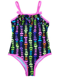 Laguna Girls Neon Heart Print Swimming Suit Swim Ruffle Bathing Suit 1 PC