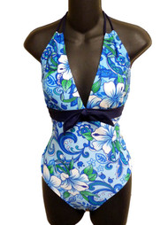 Robby Len Swimming Womens Blue Floral 1 Piece Swim & Bathing Suit