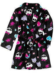 Girls Plush Black Monster High Bath Robe Skull & Heart Housecoat