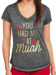Rocker Girl Junior Womens Gray You Had Me At Muah Valentines Day T-Shirt