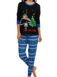 Womens Black & Blue Sup Gnomie Holiday Pajamas Christmas Gnome Sleep Set