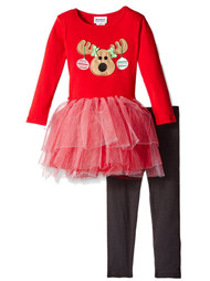 Blueberi Boulevard Girls Reindeer Outfit Red Tulle Tutu Tunic & Leggings Set