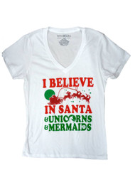 Fifth Sun Womens I Believe in Santa Unicorns Mermaids Holiday T-Shirt Shirt