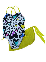 Joe Boxer Girls White Heart Print Swimming Suit  Swim With Skirt Coverup Set