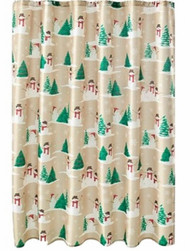 St Nicholas Square Tan Snowman & Trees Fabric Christmas Shower Curtain Holiday