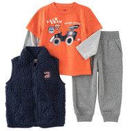 Kids Headquarters Infant Boys 3 Piece Orange Race Car Shirt Pants & Vest