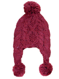 Womens Rust Red Lumpy Knit Trapper Style Beanie Hat With Pom Pom Top Aviator