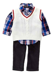 Only Kids Infant Boys 3 Piece Dress Up Outfit Pants Plaid Shirt Sweater Vest