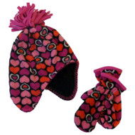 Faded Glory Girls Pink Hearts Hat & Mittens Beanie Stocking Trapper Hat