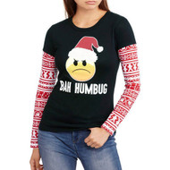Holiday Time Junior Womens Black Bah Humbug Emoji Long Sleeve T-Shirt