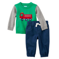 Childrens Place Infant Boys Outfit Green Fire Truck Sweater Blue Pants Set