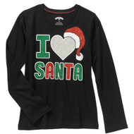 Girls Black I Love Santa Holiday Shirt Long Sleeve Heart Christmas T-Shirt