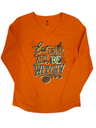 Happy Halloween Womens Orange Eat Drink Be Witchy! T-Shirt Glittery Tee