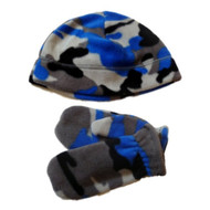 Faded Glory Toddler Boys Gray & Blue Cammo Beanie & Mittens Fleece Hat Set