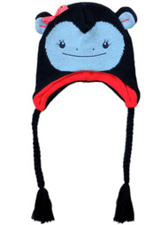 Womens Black Knit Monkey Peruvian Style Trapper Hat Fleece Lined