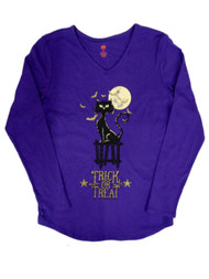 Happy Halloween Womens Purple Trick-Or-Treat T-Shirt Spooky Cat Tee Shirt