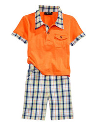 Only Kids Infant Boys 2 Piece Orange Polo T-Shirt & Plaid Shorts