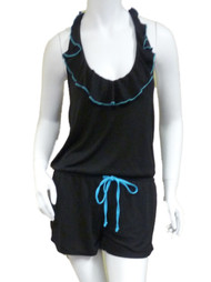 Bongo Womens Black & Blue Swim Suit Cover Up Ruffled Romper Jumpsuit