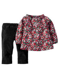 Carters Infant Girls 2 Piece Red Floral Shirt & Black Corduroy Pants Outfit