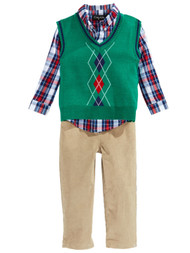 Only Kids Infant Boys 3 Piece Dress Up Outfit Pants Shirt Green Sweater Vest